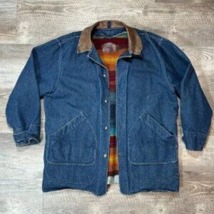 Vintage 80s Woolrich Denim Barn Coat Wool Blanket Lined Jacket Women Sz L USA